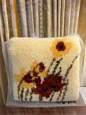 Handmade Latch Hook Floral Cushion Cover in Cream and Autumn Tones
